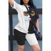 Lovely Casual Print Patchwork White Two-piece Shor