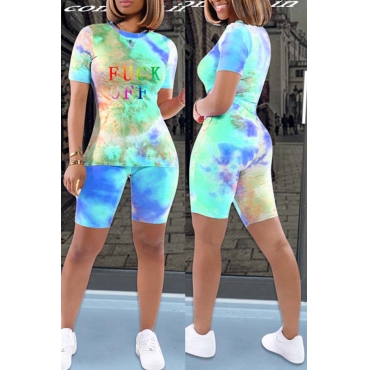 

LW Leisure Letter Print Blue Two-piece Shorts Set