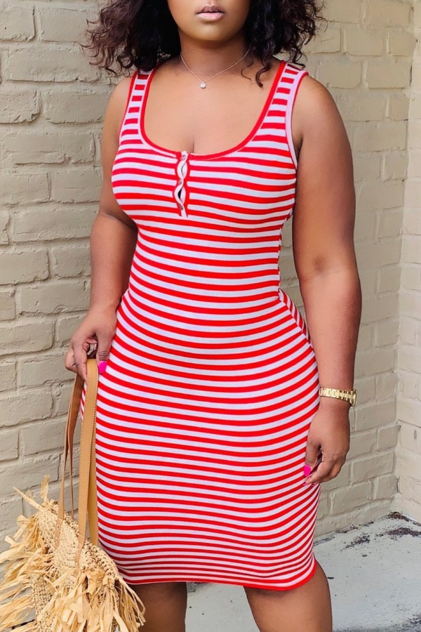 

lovely Casual U Neck Striped Print Red Knee Length Dress