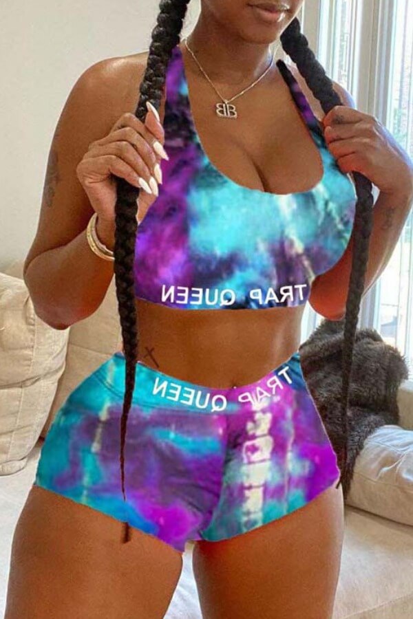 

LW Casual U Neck Tie-dye Babyblue Two-piece Shorts Set, Baby blue