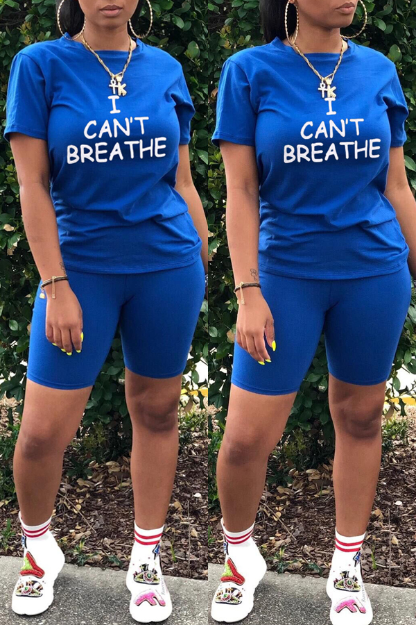 

lovely Casual O Neck Letter Print Blue Two-piece Shorts Set