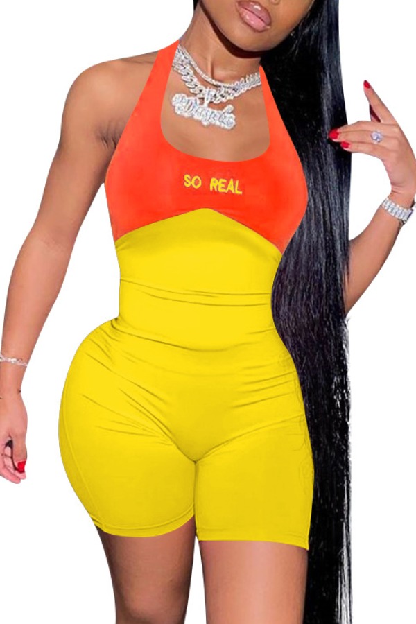 

lovely Sexy Patchwork Backless Yellow One-piece Romper