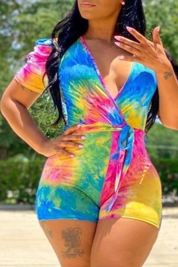 

LW Bohemian Tie-dye Print Multicolor One-piece Romper, Multi