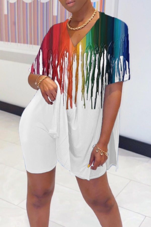 

lovely Casual Tie-dye Prin White Two-piece Shorts Set