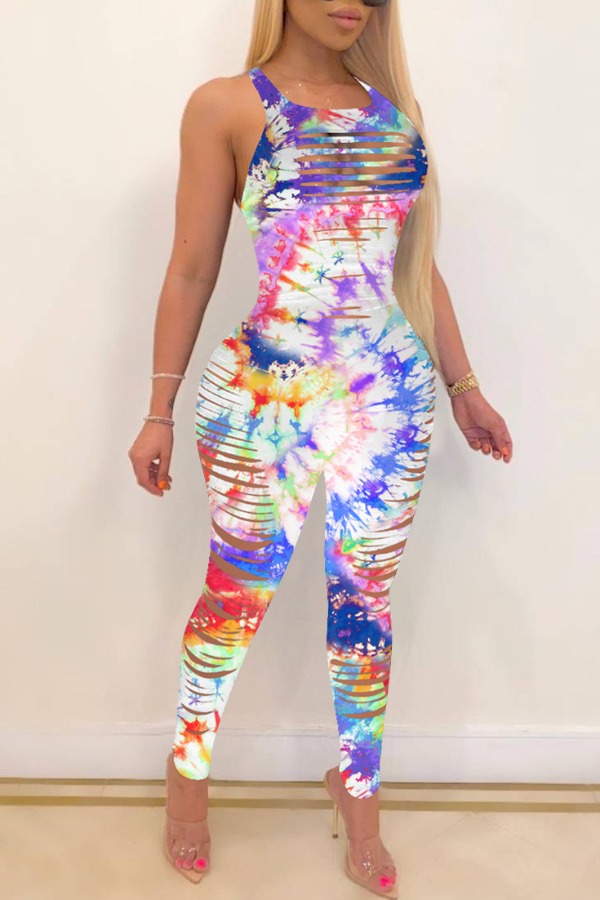 

lovely Bohemian Tie-dye Print Hollow-out Multicolor One-piece Jumpsuit, Multi
