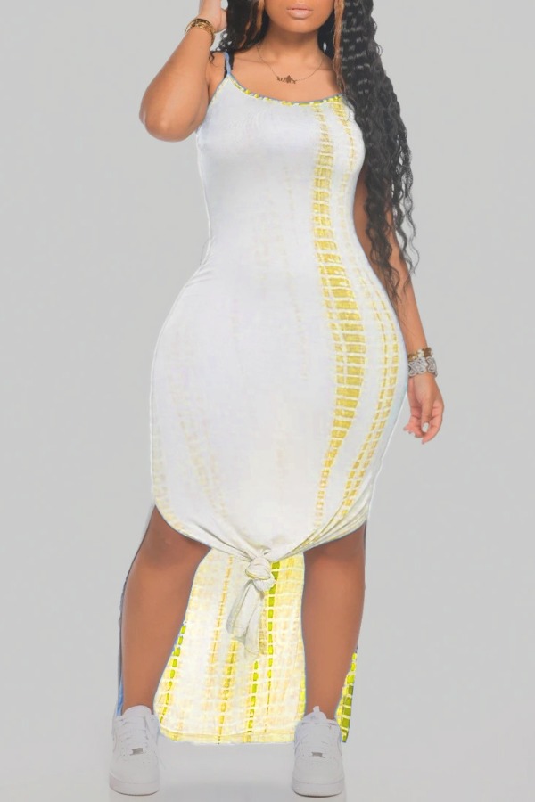 

Lovely Casual Spaghetti Strap Print Yellow Ankle Length Dress