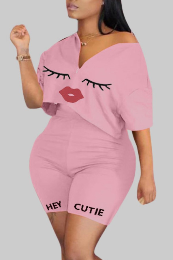 

Lovely Casual Print Pink Plus Size Two-piece Shorts Set