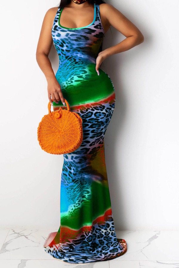 

Lovely Casual U Neck Tie-dye Dark Green Maxi Dress