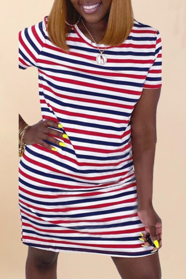 

lovely Casual O Neck Striped Red Mini T-shirt Dress