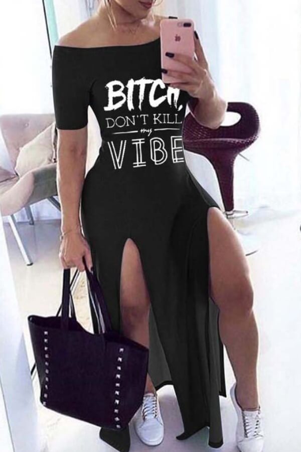 LovelyWholesale Casual Off The Shoulder Letter Print Black Ankle Length Dress Summer Short Sleeve Casual Split Bateau Neck Spring Summer 2024