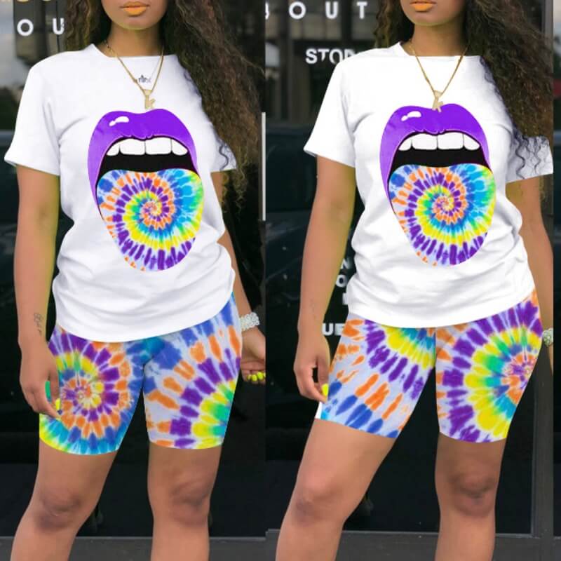 LW Leisure Lip Print Purple Shorts Set