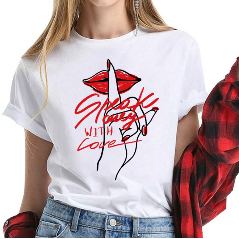 

lovely Casual O Neck Lip Print White Plus Size T-shirt