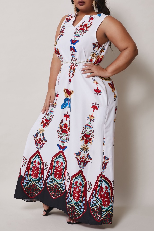 Lovely Ethnic Spaghetti Strap Print White Ankle Length Plus Size Dress