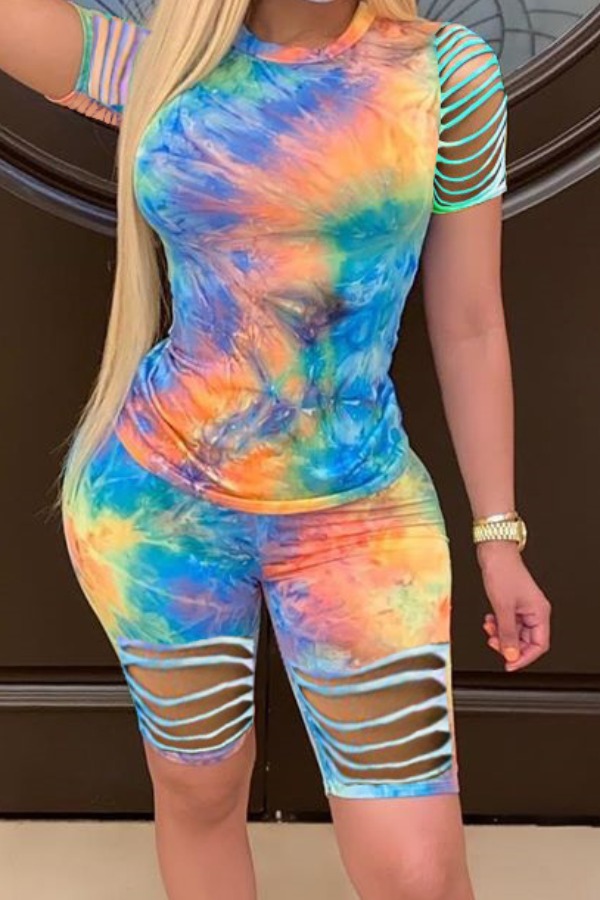

lovely Trendy Tie-dye Hollow-out Blue Two-piece Shorts Set