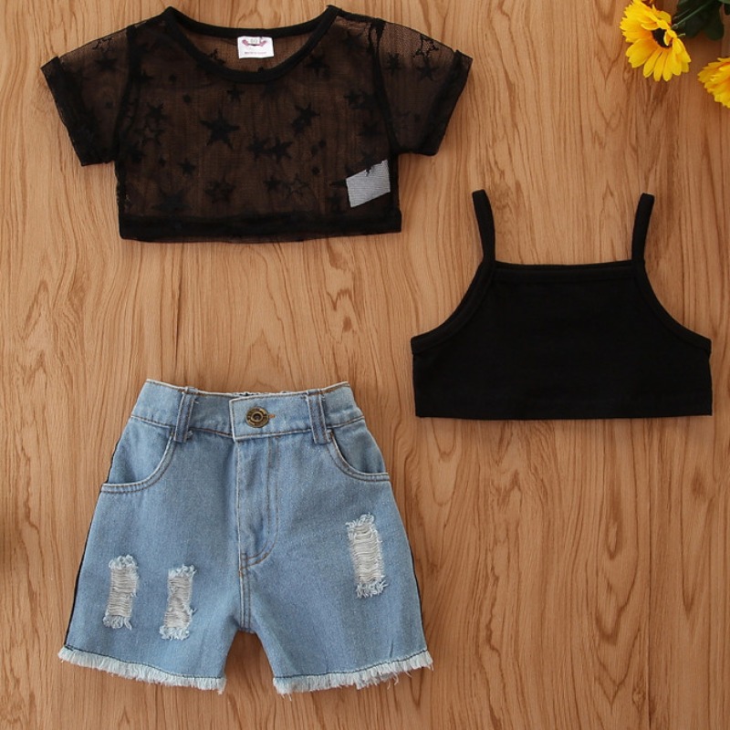 

lovely Casual Patchwork See-through Black Girl Two-piece Shorts Set