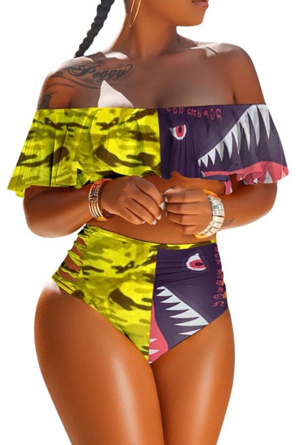 

lovely High-waisted Print Patchwork Yellow Two-piece Swimsuit