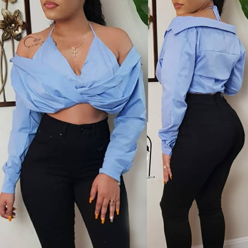 

lovely Sexy Halter Neck Off The Shoulder Blue Shirt