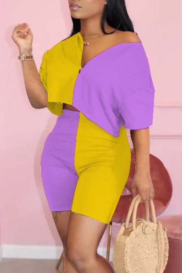 

lovely Street Patchwork Yellow Two-piece Shorts Set