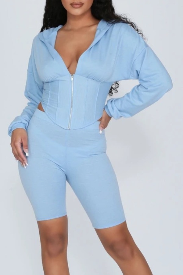 

lovely Sportswear Zipper Design Blue Two-piece Shorts Set