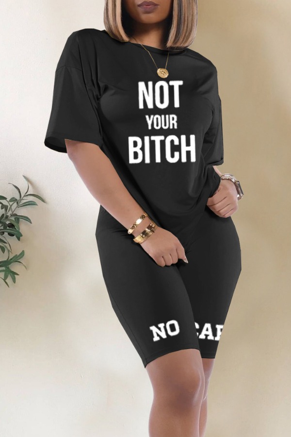 

lovely Casual Letter Print Black Two-piece Shorts Set