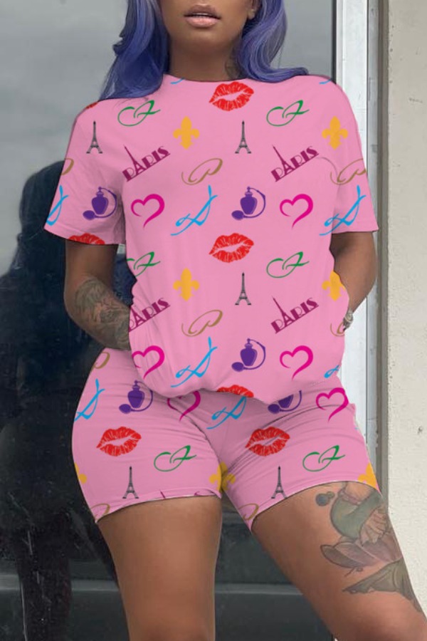 

lovely Casual Lip Print Pink Plus Size Two-piece Shorts Set