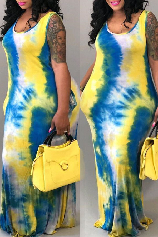 

lovely Casual Spaghetti Strap Tie-dye Multicolor Plus Size Maxi Dress, Multi