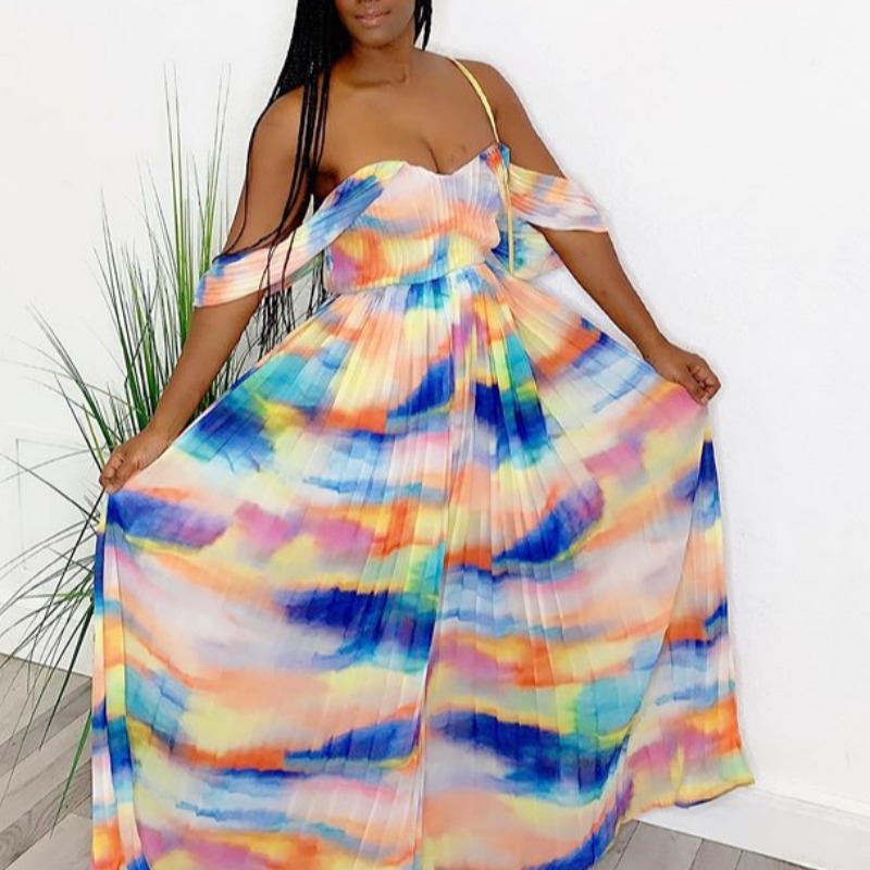

lovely Sexy Off The Shoulder Print Multicolor Maxi Dress, Multi