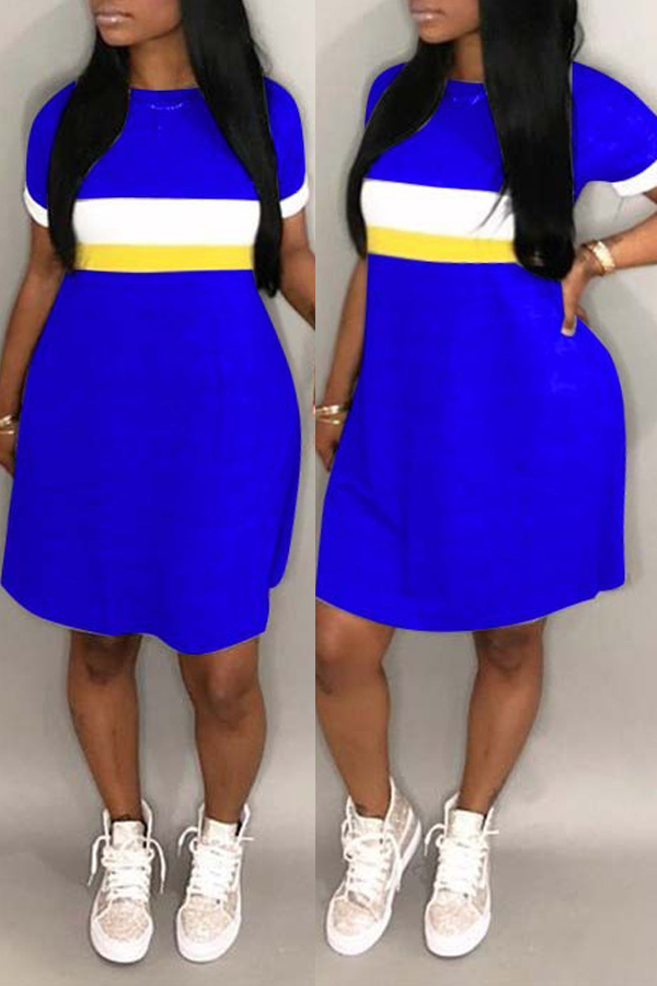 

lovely Casual Patchwork Deep Blue Mini Plus Size Dress