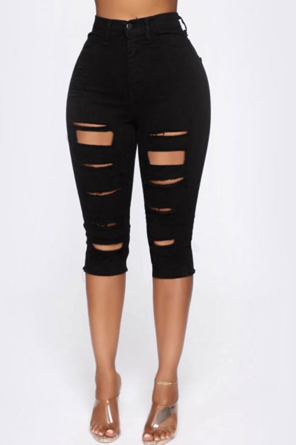 

lovely Casual High-waisted Broken Holes Black Denim Shorts