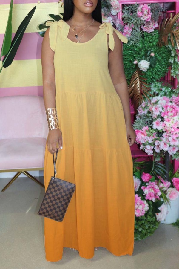 

lovely Bohemian Lace-up Loose Yellow Maxi Dress