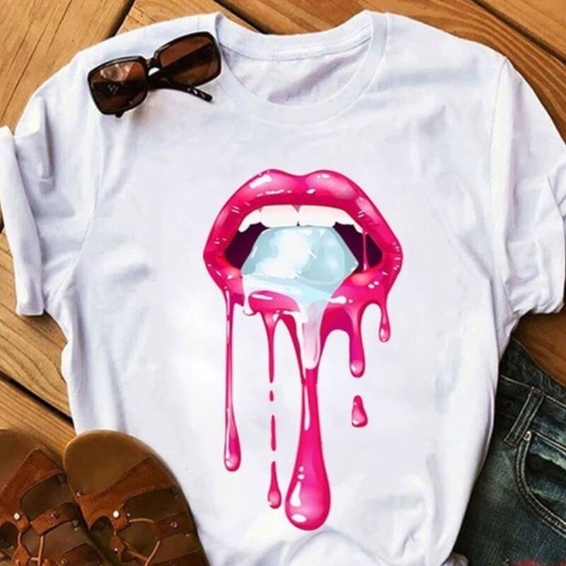 

Lovely Casual O Neck Lip Print Light Pink T-shirt