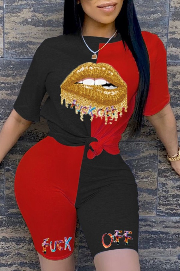 

lovely Leisure Print Patchwork Red Two-piece Shorts Set