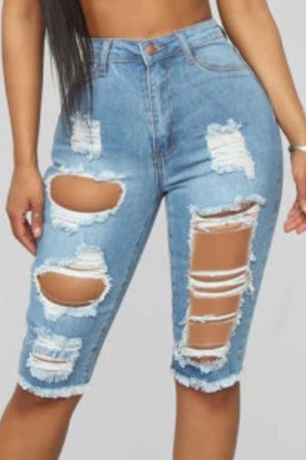 

lovely Casual Hollow-out Baby Blue Denim Shorts