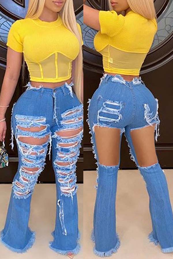 

Lovely Stylish Hollow-out Blue Jeans