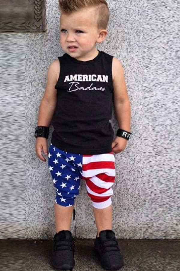 

lovely Independence Day Casual Print Black Boy Two-piece Shorts Set