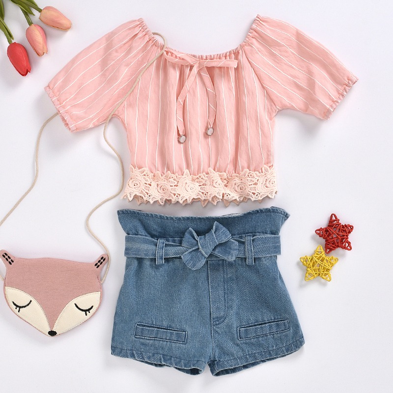 

lovely Stylish Lace Hem Pink Girl Two-piece Shorts Set