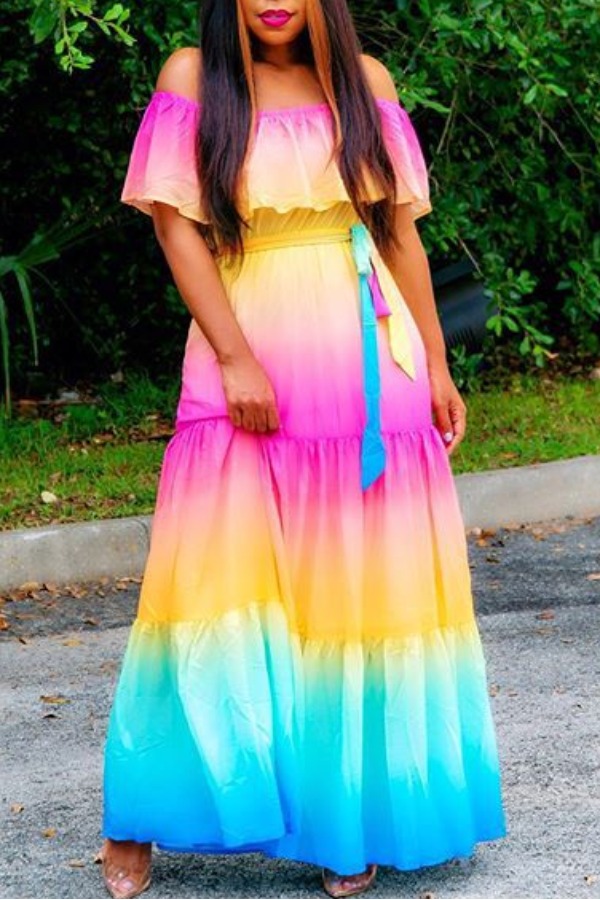 

Lovely Casual Off The Shoulder Print Patchwork Multicolor Maxi Dress, Multi