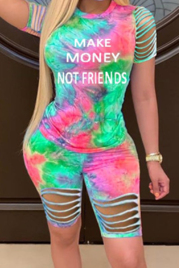 

Lovely Casual Hollow-out Tie-dye Green Two-piece Shorts Set