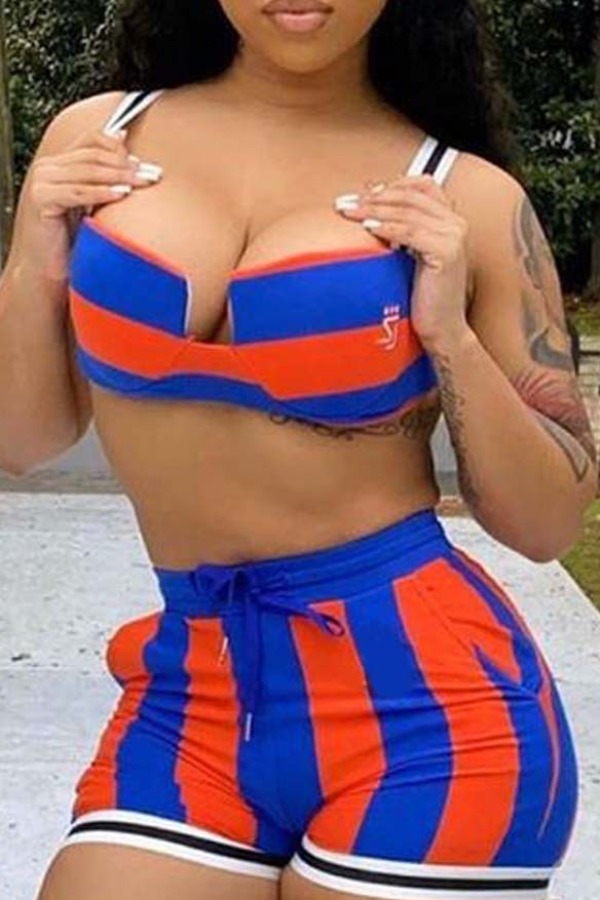 

lovely Sexy Striped Blue Plus Size Two-piece Shorts Set