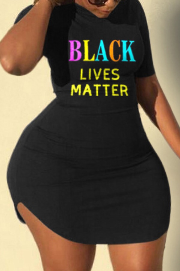 

Lovely Casual Letter Print Black Mini Plus Size Dress