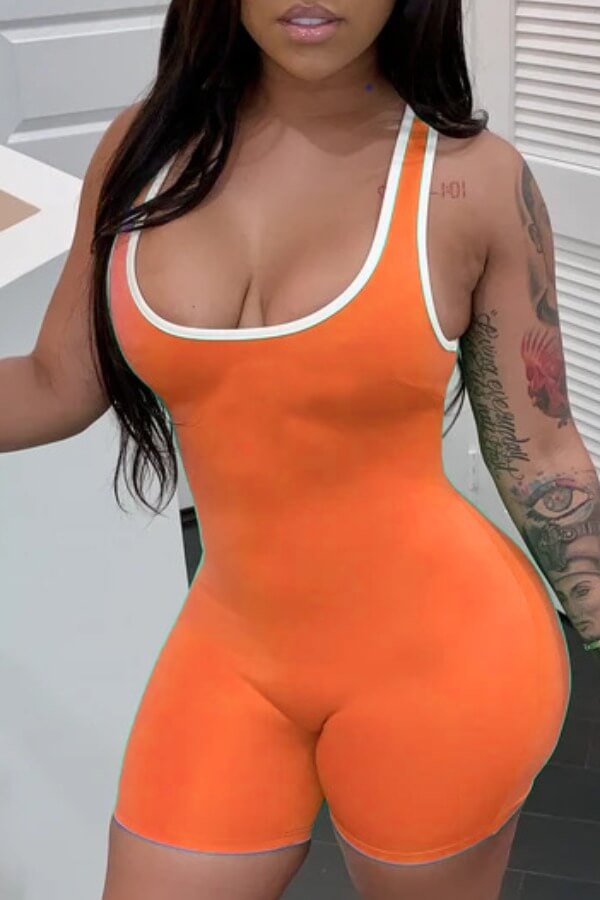 

Lovely Casual U Neck Patchwork Orange Plus Size One-piece Romper