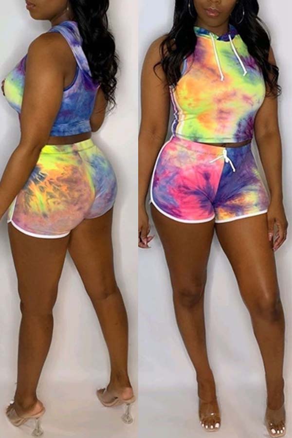 

Lovely Sportswear Tie-dye Yellow Plus Size Two-piece Shorts Set