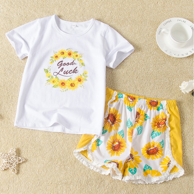 

lovely Leisure O Neck Print White Girl Two-piece Shorts Set