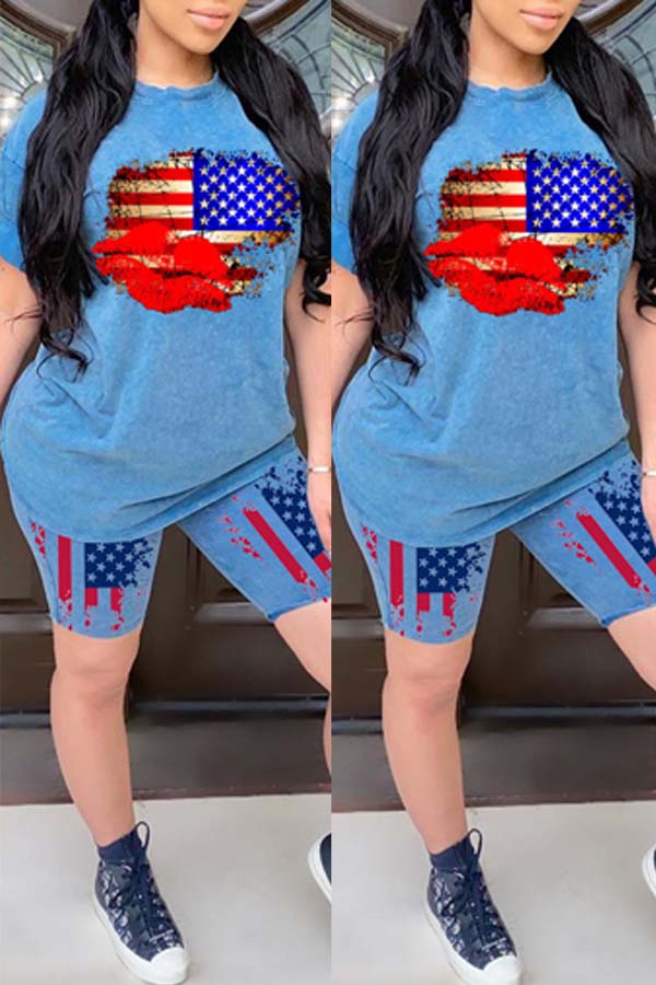 

lovely Independence Day Casual Print Blue Two-piece Shorts Set