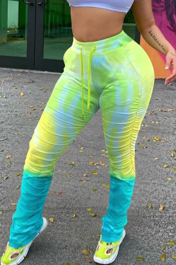 

Lovely Trendy Tie-dye Fold Design Green Pants
