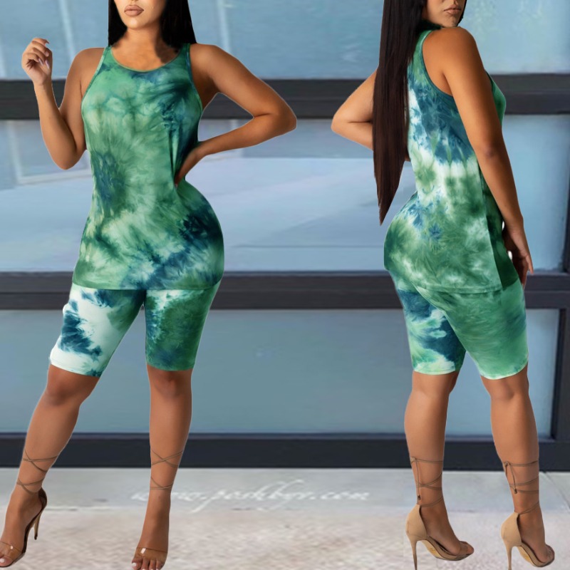 

lovely Casual Tie-dye Green Two-piece Shorts Set