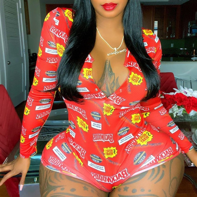 

Lovely Stylish Letter Print Red Plus Size One-piece Romper
