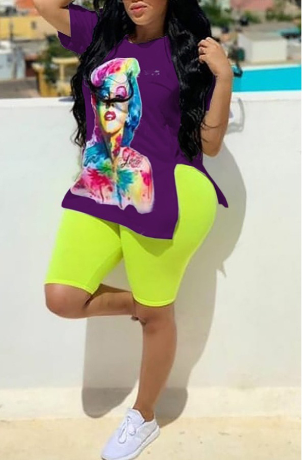 

Lovely Casual O Neck Print Purple Plus Size Two-piece Shorts Set
