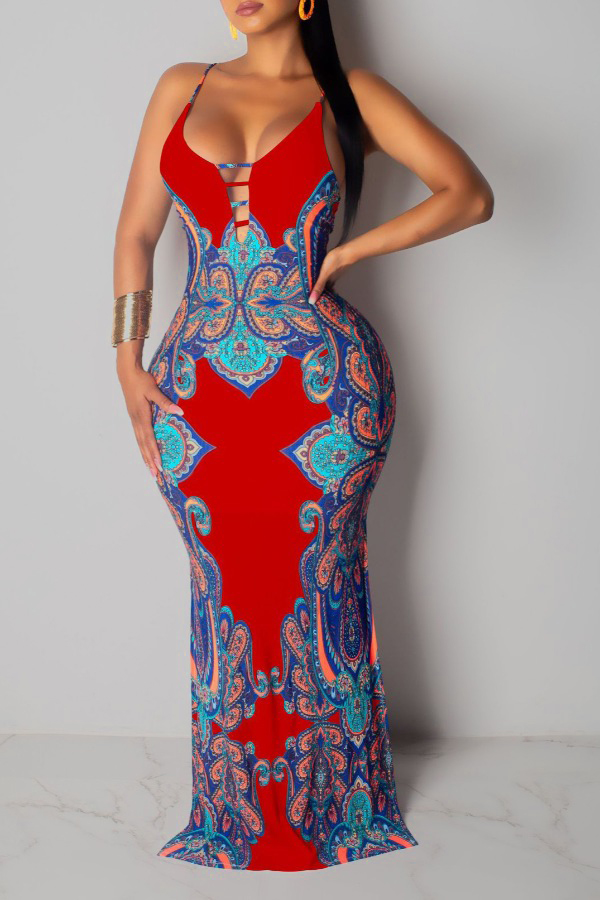 

Lovely Sexy Spaghetti Strap Print Backless Red Plus Size Maxi Dress