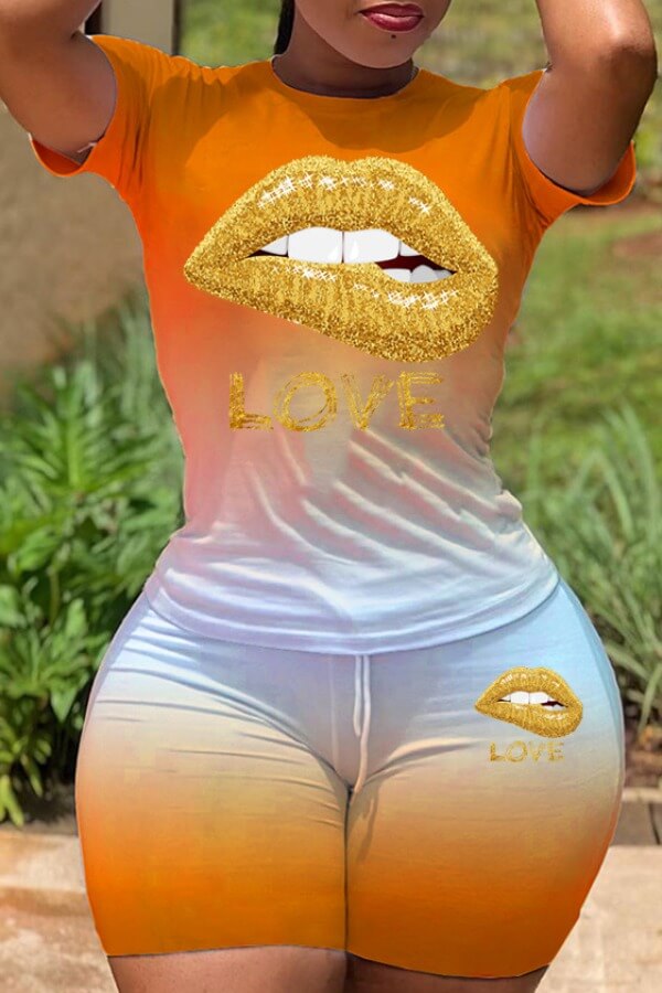 

LW Casual O Neck Lip Print Orange Two-piece Shorts Set